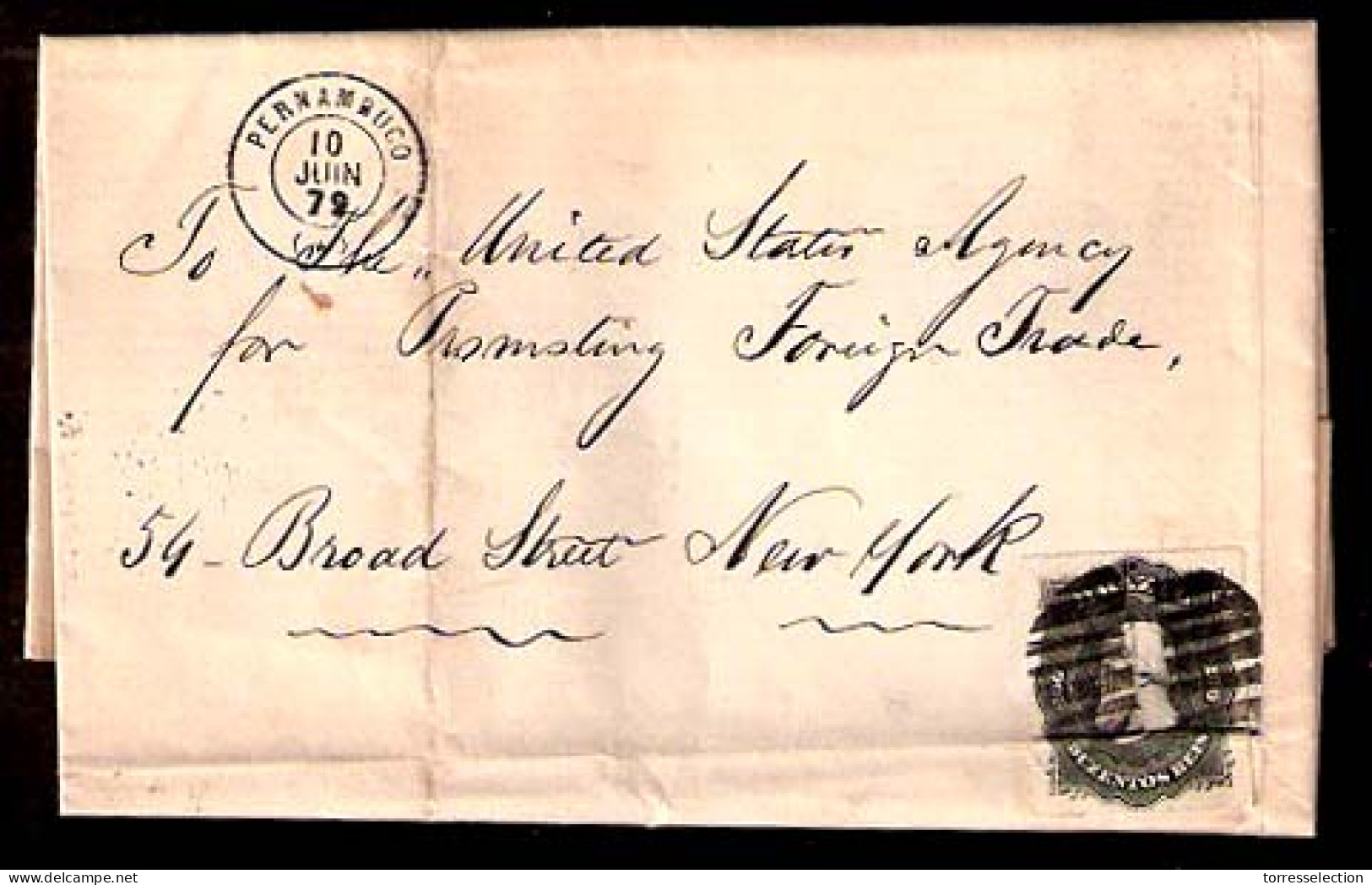 BRAZIL. 1879 (10 June). Pernambuco - USA. EL / 200rs. Filing Fold At Bottom In Cancel Area / Cork Palm Type Cancel. Nice - Otros & Sin Clasificación