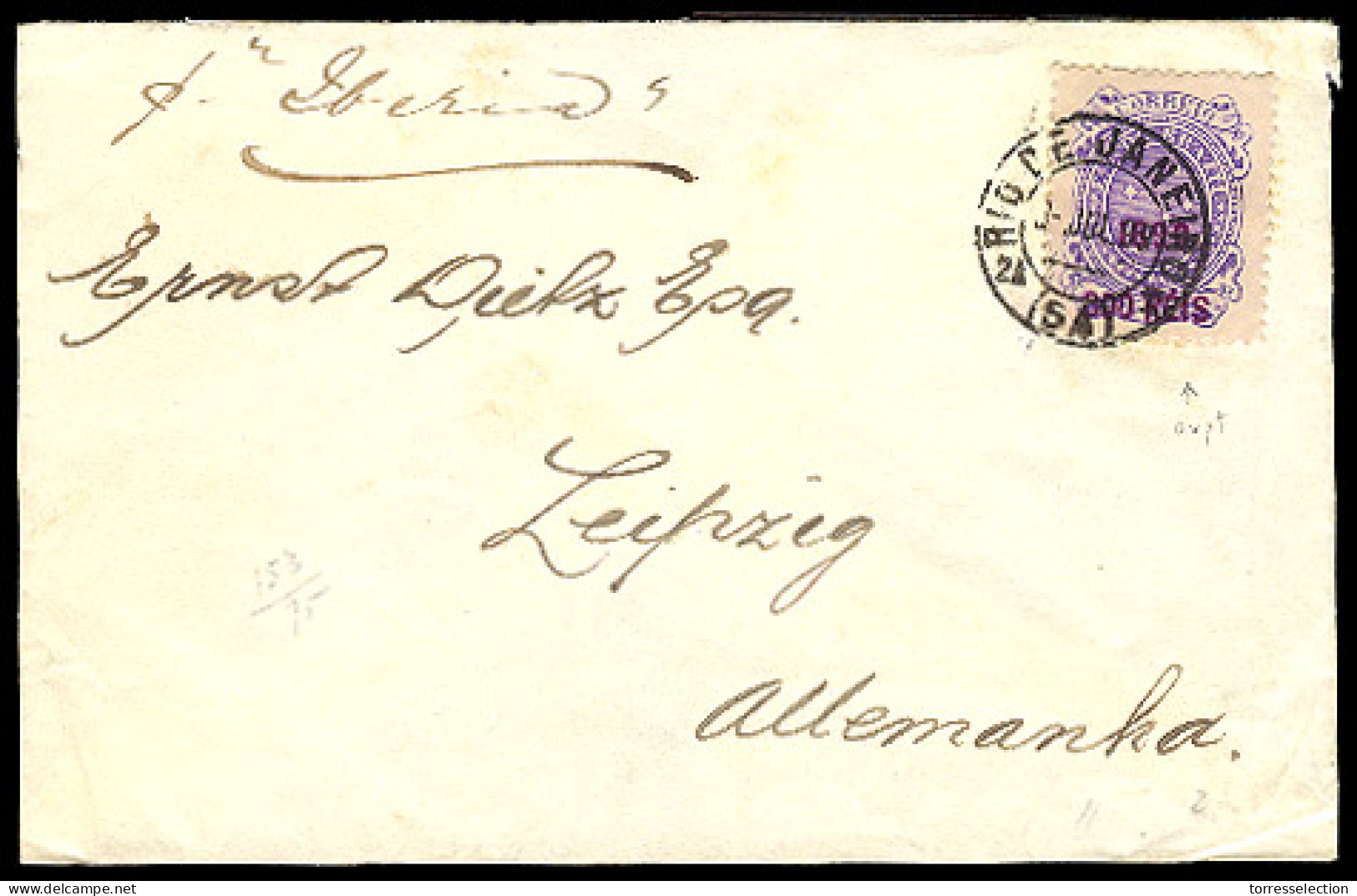 BRAZIL. 1897. RJ - Germany. Env. Fkd. Ovptd. 300rs. Stamp. XF. - Otros & Sin Clasificación