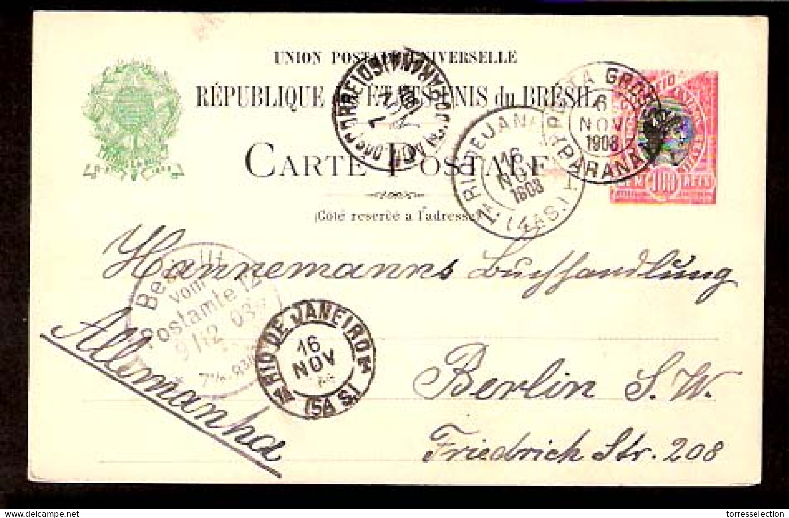 BRAZIL. 1908. Ponta Grossa / Parana - Germany. 100rs. Stat. Card. VF. - Otros & Sin Clasificación