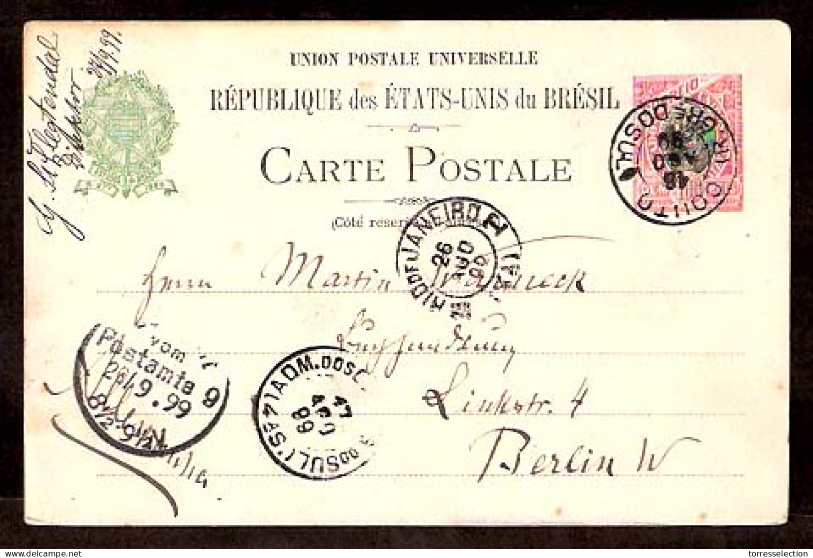 BRAZIL. 1899. Couto / RG Do Sul - Germany. Stat. Card. VF. Town Usage Overseas. - Otros & Sin Clasificación