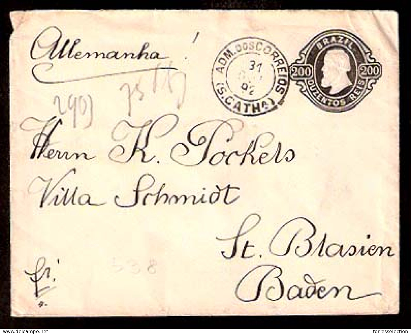 BRAZIL. 1892. S. Catharina - Germany. 200rs. D. Pedro Stat. Env. VF. - Otros & Sin Clasificación