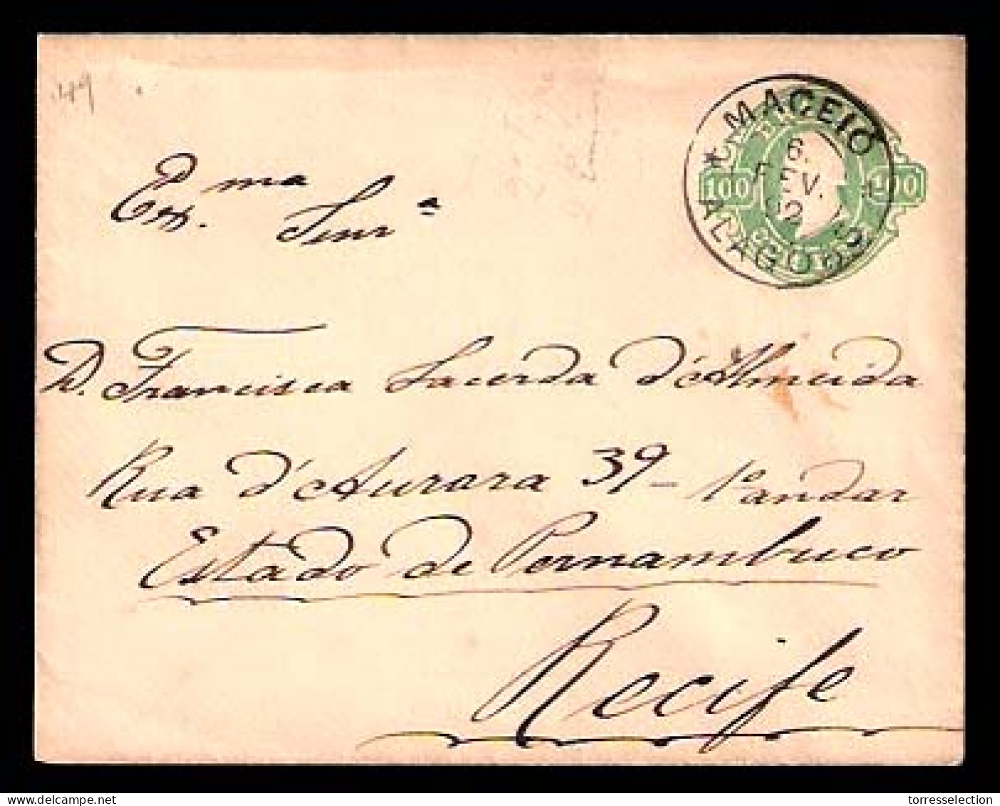 BRAZIL. 1892. Maceio - Recife. D. Pedro 100rs. Stat. Env. VF. - Otros & Sin Clasificación