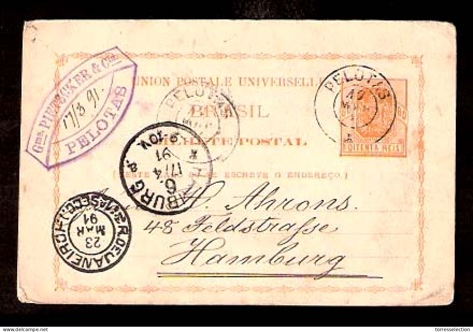 BRAZIL. 1891. Pelotas - Germany. 80r. Stat. Card. VF.3 - Otros & Sin Clasificación