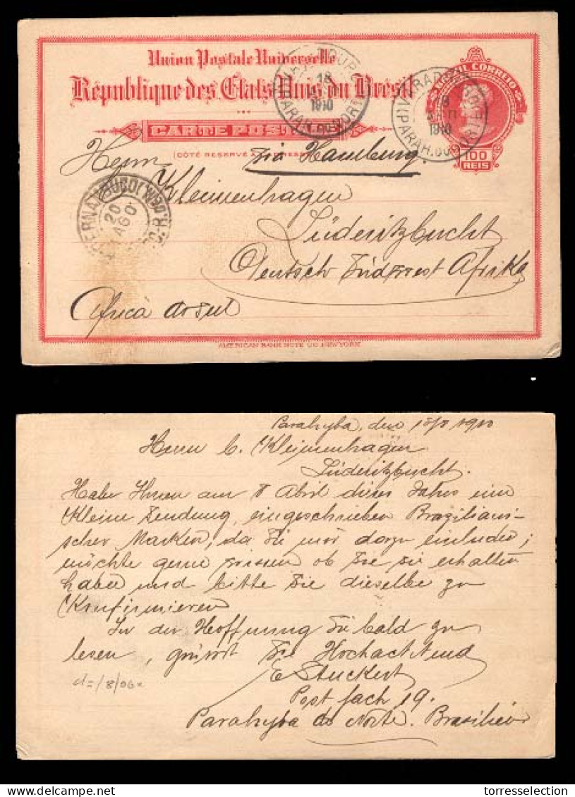 BRAZIL. 1910 (19 Jun). Vanadouro / Parahibuna Do Norte To Lindeizbucht / German South West Africa. 100 Rs. Stat Card. Vi - Otros & Sin Clasificación