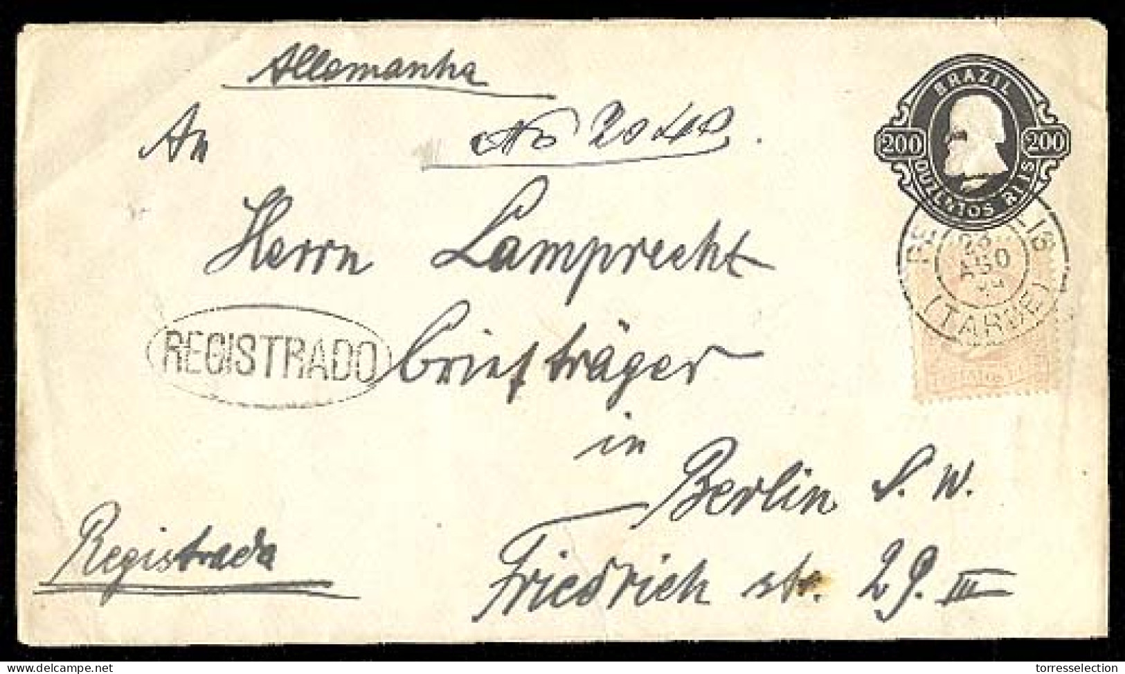 BRAZIL. 1889. Petropolis./ Germany. 200 Rs. Stat Env. Adtl. Registered. - Otros & Sin Clasificación