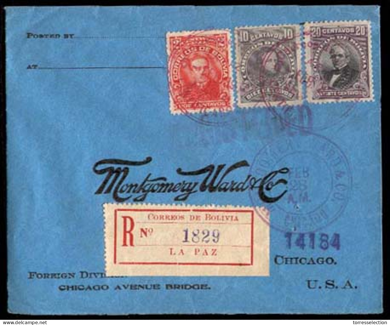 BOLIVIA. 1914 (Feb. 6). La Paz To USA (Feb. 28). Registered Franked Envelope. Tricolor. Sc. 74, 75, Etc. VF. - Bolivie