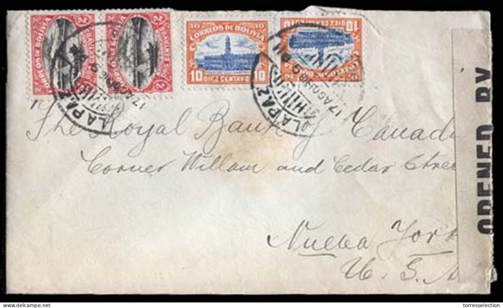 BOLIVIA. 1918 (17 Aug.). BOLIVIA - USA. La Paz To NY/USA. Censured WWI Envelope. VF. - Bolivie