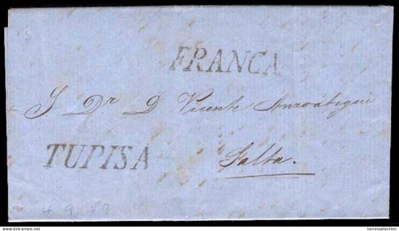 BOLIVIA. 1859 (Sept. 4). Tupiza To Salta, Stampless EL With "TUPIZA" + "FRANCA", Both Xxx. VF. - Bolivie