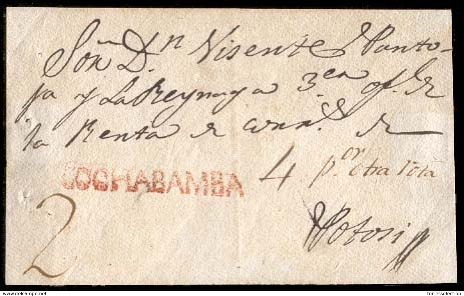 BOLIVIA. C. 1800. Colonial Front To Potosi With Red "COCHABAMBA" (xxx). Excellent Condition Strike. - Bolivie