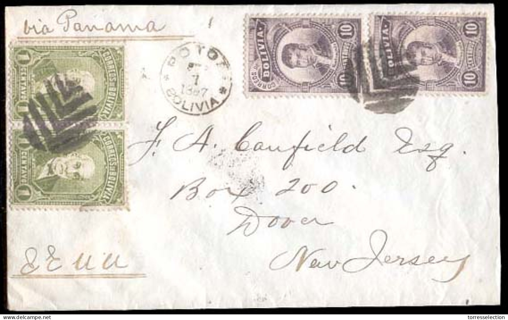 BOLIVIA. 1897 (Sept. 7), BOLIVIA - PERU - PANAMA - USA. Potosi To USA. Franked Envelope, Bearing 1897 1c Green Pair And  - Bolivie