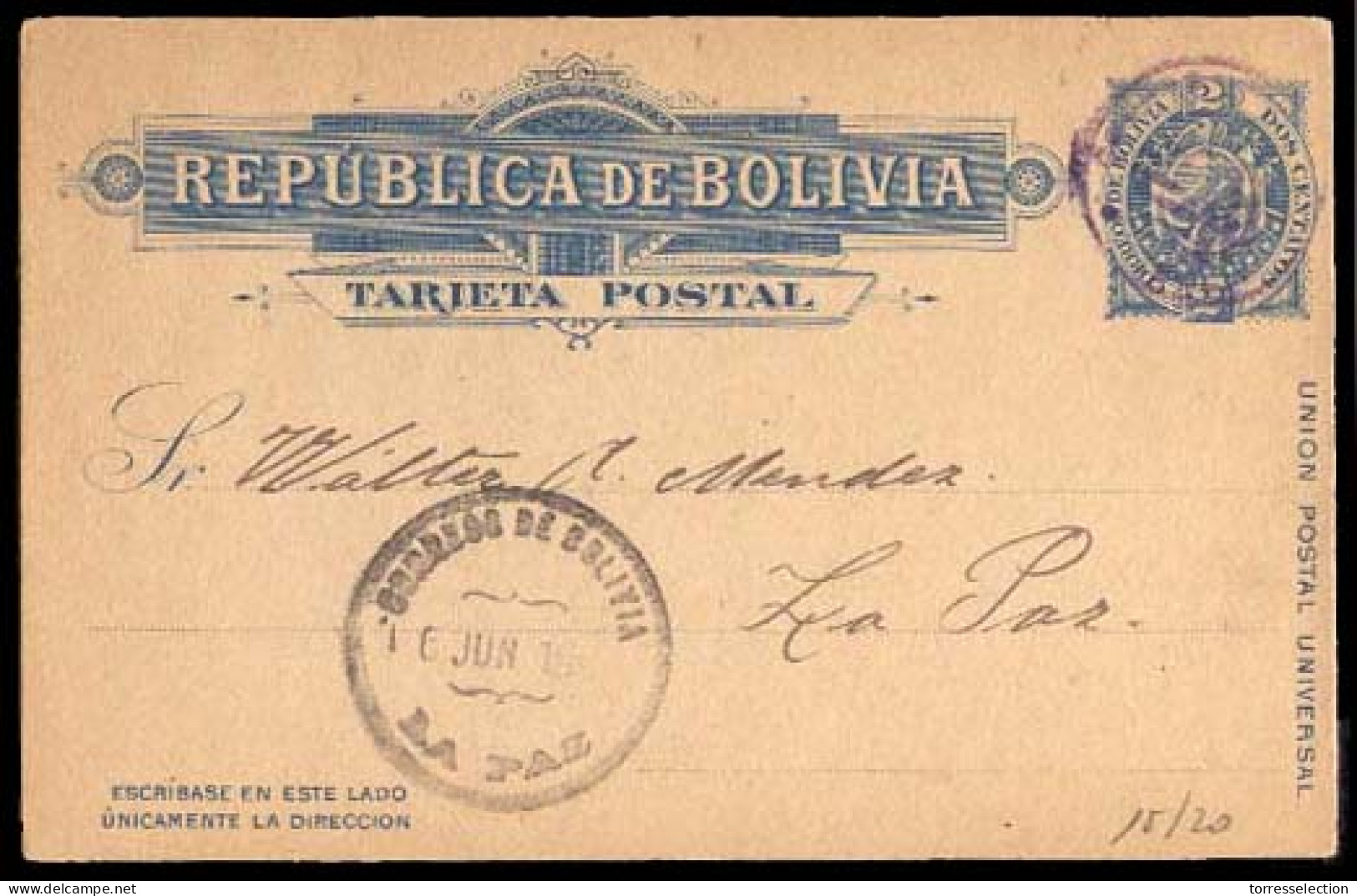 BOLIVIA. 1902 (6 Nov.). Cochabamba To La Paz. 2c Blue Stationary Card. VF And Used. - Bolivie