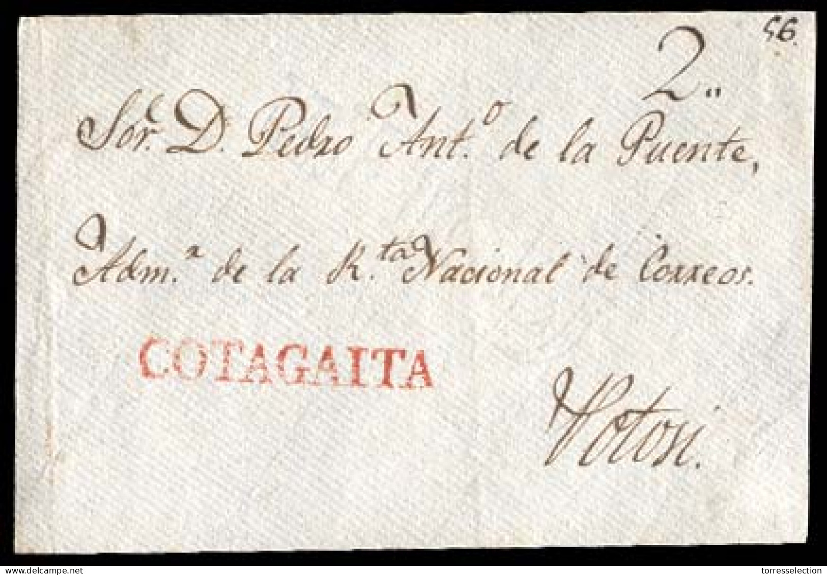 BOLIVIA. C. 1800. Cotagaita To Potosi. Colonial Front With Red Straightline COTAGAITA (xxx). Superb. - Bolivie