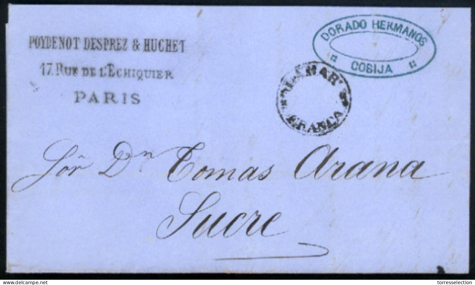 BOLIVIA. 1872. BOLIVIA - FRANCE. Forwarding Agent: Incoming Cover From Paris With Firms Cachet To Sucre With Fine Oval D - Bolivie