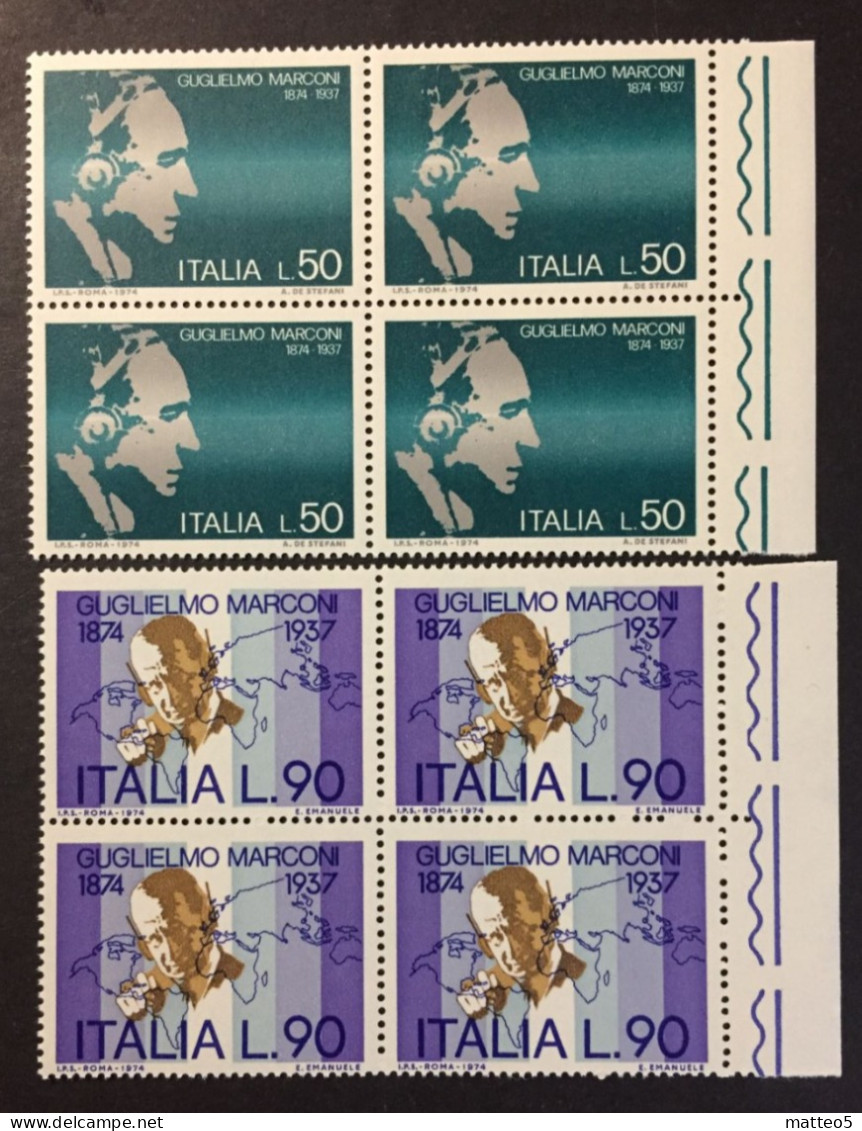1974 - Italia - Guglielmo Marconi - Due Quartine - Nuovi - 1971-80: Mint/hinged