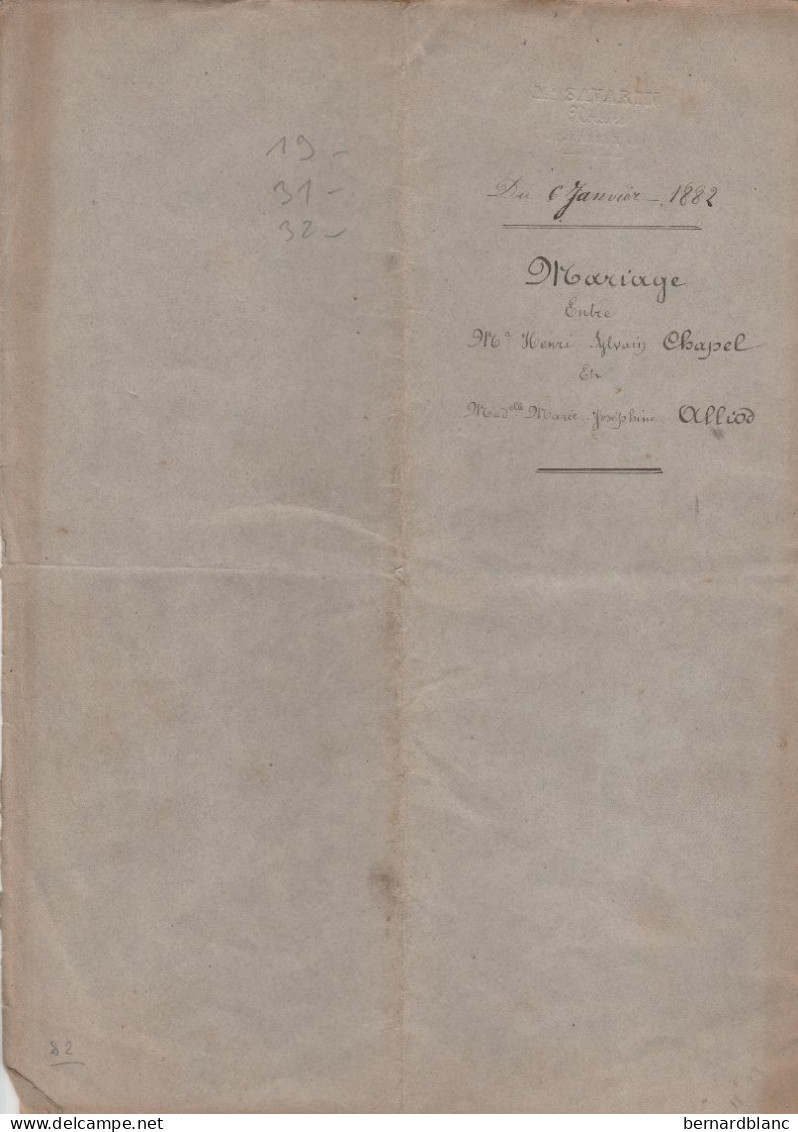 VP 4 FEUILLES - 1882 - MARIAGE -JUJURIEUX - PONCIN - MANUFACTURE EN SOIERIES - CLAUDE JOSEPH BONNET - Manuscripts