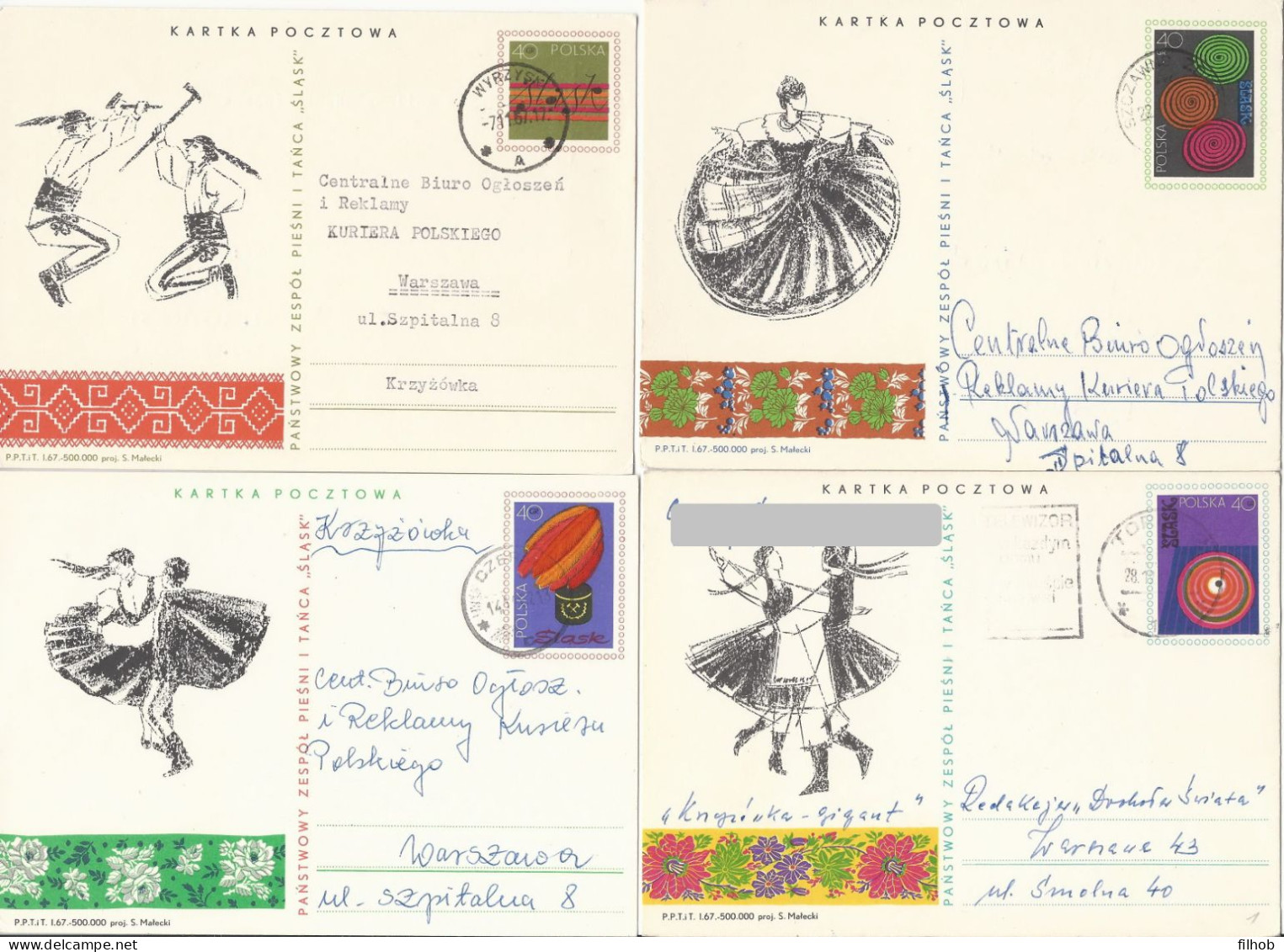 Poland Postcard (0976) Set4: Used Cp 328+329+330+331 Music Folklore Dance Slask (postal Circulation) - Stamped Stationery