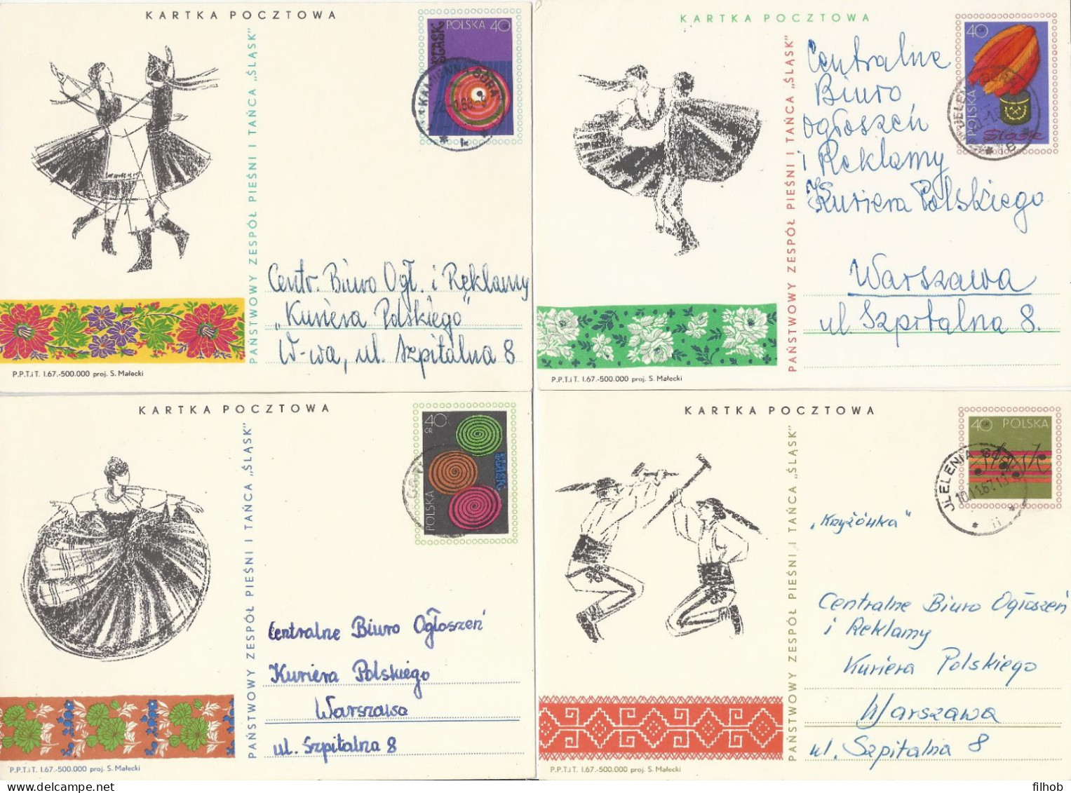 Poland Postcard (1042) Set4: Used Cp 328+329+330+331 Music Folklore Dance Slask (postal Circulation) - Stamped Stationery