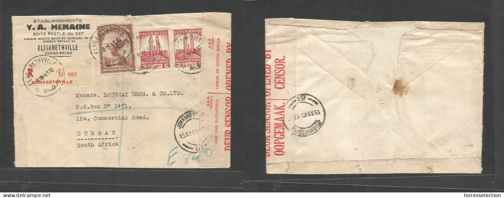 BELGIAN CONGO. 1941 (8 Dec) Elisabethville - South Africa, Durban Via Joburg (15 Dec) Comercial Registered Multifkd Env  - Andere & Zonder Classificatie