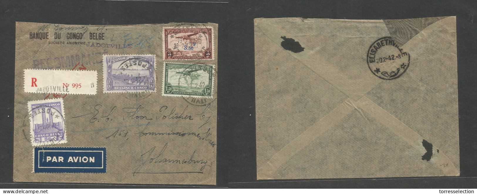 BELGIAN CONGO. 1942 (19 Febr) Jadotville - South Africa, Joburg Via Elisabethville. Registered Air Multifkd Envelope At  - Autres & Non Classés