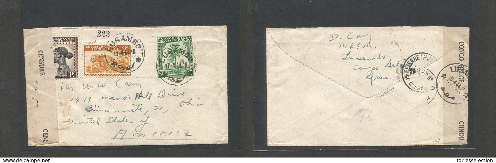 BELGIAN CONGO. 1944 (17 Apr) Lusambo - USA, Cincinatti, OH. Multifkd WWII Usage, Tied Cds, At 3,50 Fr Rate. VF. - Other & Unclassified