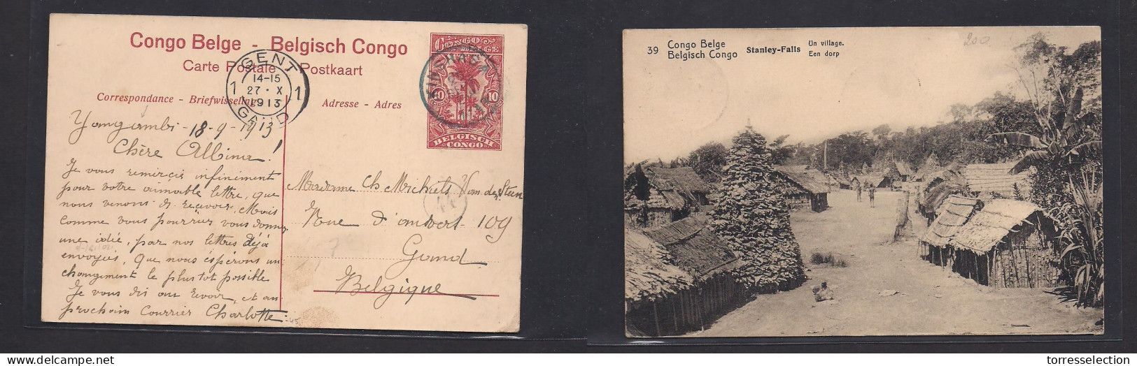 BELGIAN CONGO. 1913 (18 Sept) Yomgambi - Belgium, Gand (27 Oct) Via Kinehasa (25 Sept) 10c Red Stat Env Ppc. - Autres & Non Classés