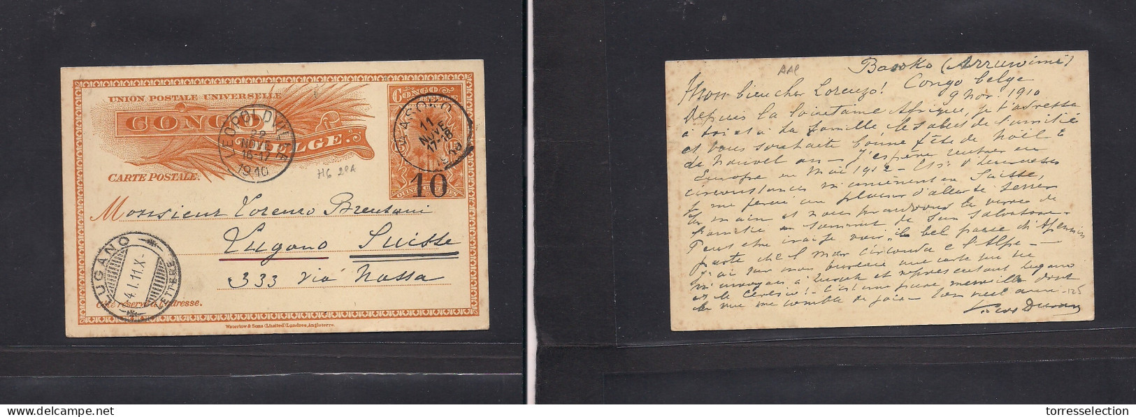 BELGIAN CONGO. 1910 (9 Nov) Basoko, Arruwimi - Switzerland, Lugano (4 Jan 11) 10c / 15c Light Orange Brown Stat Card Via - Altri & Non Classificati