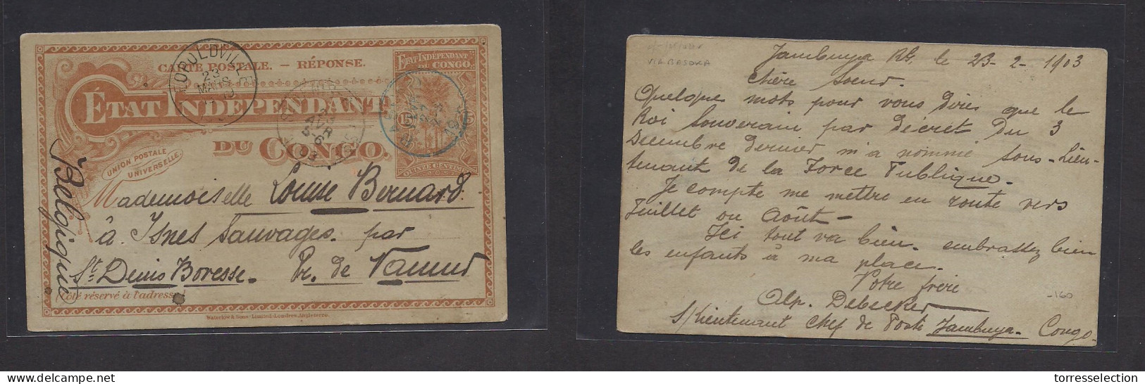BELGIAN CONGO. 1903 (23 Feb) Yambuya - Namur, St. Denis, Boresse, Belgium (23 Apr) Via BASOKO - Leopoldville. 15c Brown  - Other & Unclassified