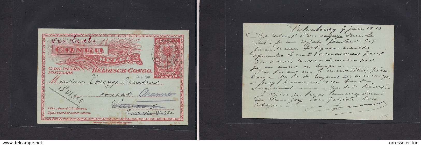 BELGIAN CONGO. 1913 (7 June) Luluabourg - Switzerland, Lugano 10c Orange - Red Via Kinshasa (13 July) And Luebo. HG 37.  - Autres & Non Classés