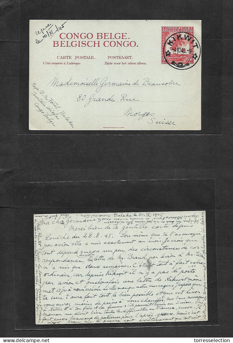 BELGIAN CONGO. 1945 (30 Sept) Balaka, Kikwit - Switzerland, Morges (10 Nov) Extraord Origin 2fr Red Stat Card. XF Item. - Other & Unclassified