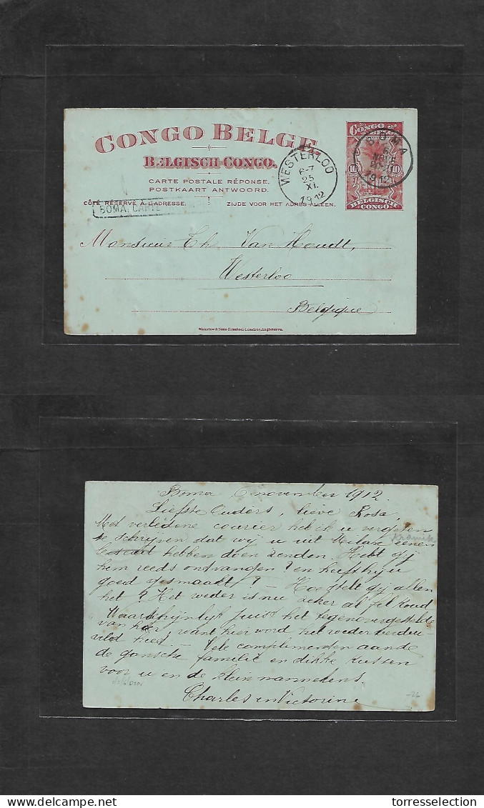 BELGIAN CONGO. 1912 (6 Nov) Boma - Belgium, Westerloo (25 Nov) Reply Half Stationary Card + Box "Boma Carte Postale" Bet - Other & Unclassified