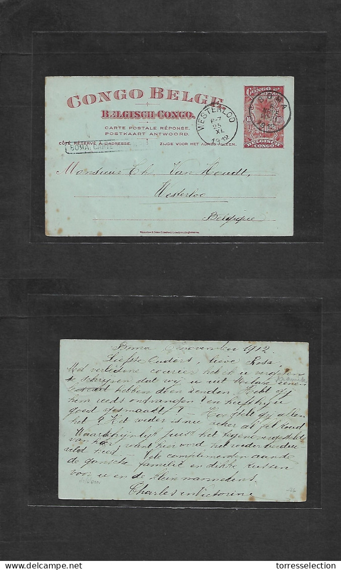 BELGIAN CONGO. 1912 (6 Nov) Boma - Belgium, Westerloo (25 Nov) Reply Half Stationary Card + Box "Boma Carte Postale" Bet - Autres & Non Classés