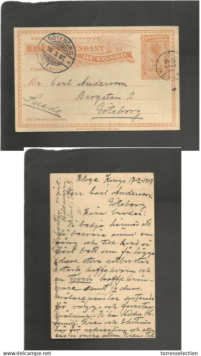 BELGIAN CONGO. 1907 (17 Feb) Kkge( For Kalunge?),Kongo - Sweden, Gothenburg (19 March) Via Matadi (23 Febr) 15c Orange S - Other & Unclassified