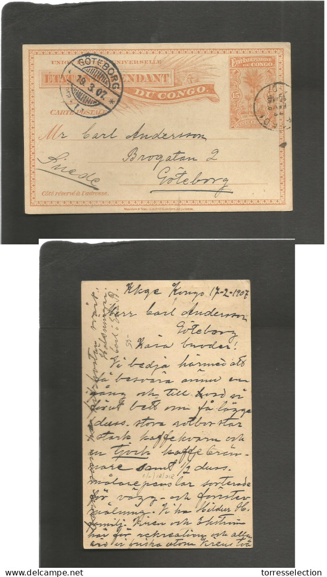 BELGIAN CONGO. 1907 (17 Feb) Kkge( For Kalunge?),Kongo - Sweden, Gothenburg (19 March) Via Matadi (23 Febr) 15c Orange S - Andere & Zonder Classificatie