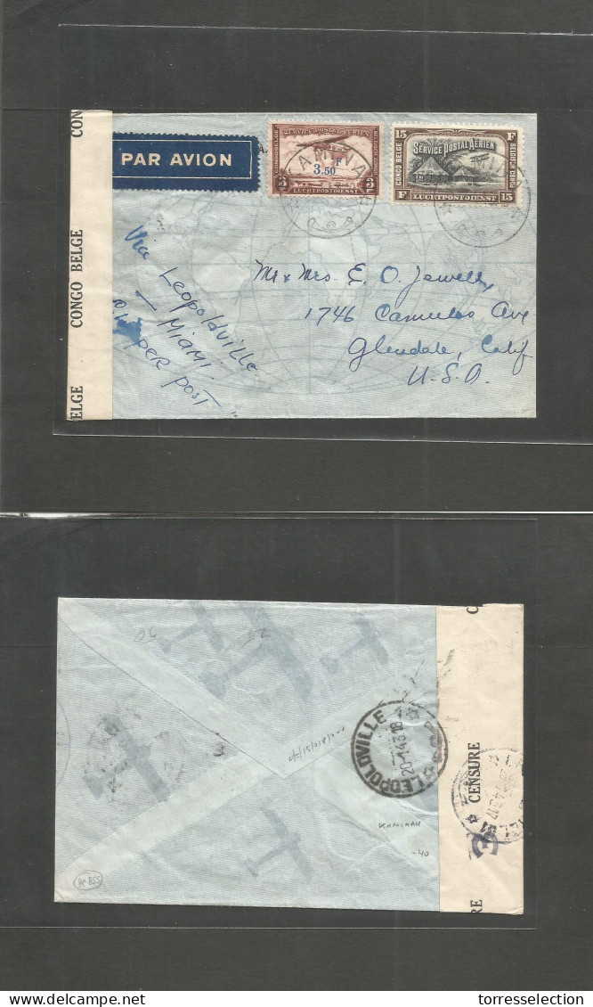BELGIAN CONGO. 1943 (11 Jan) Kaminah - USA, Glendate, CA. Air Multifkd Env + Depart Censor, Tied. Via Leopoldville - Mia - Otros & Sin Clasificación