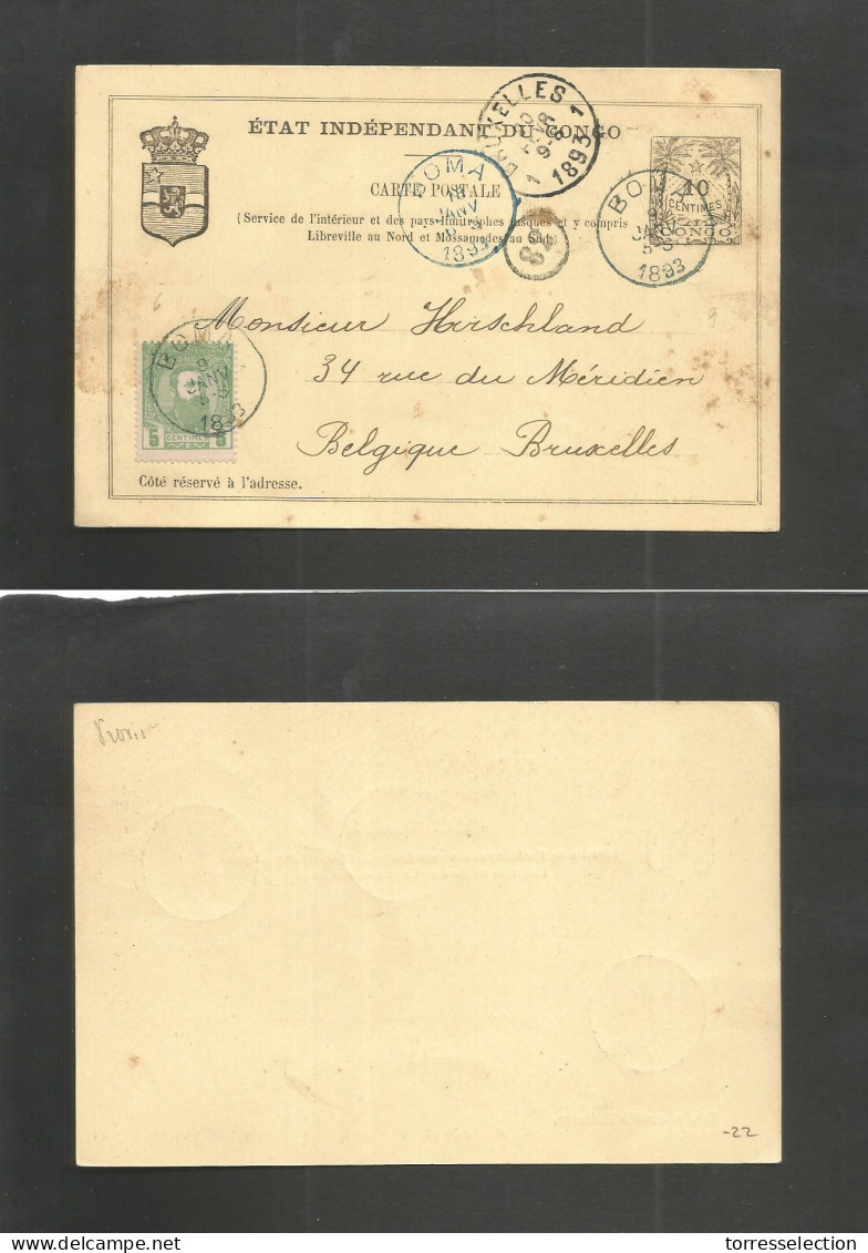 BELGIAN CONGO. 1893 (9 Jan) Boma - Belgium, Bruxelles (20 Febr) 10c Black EIC Stat Card On Yellowish Paper + 5c Green KL - Otros & Sin Clasificación