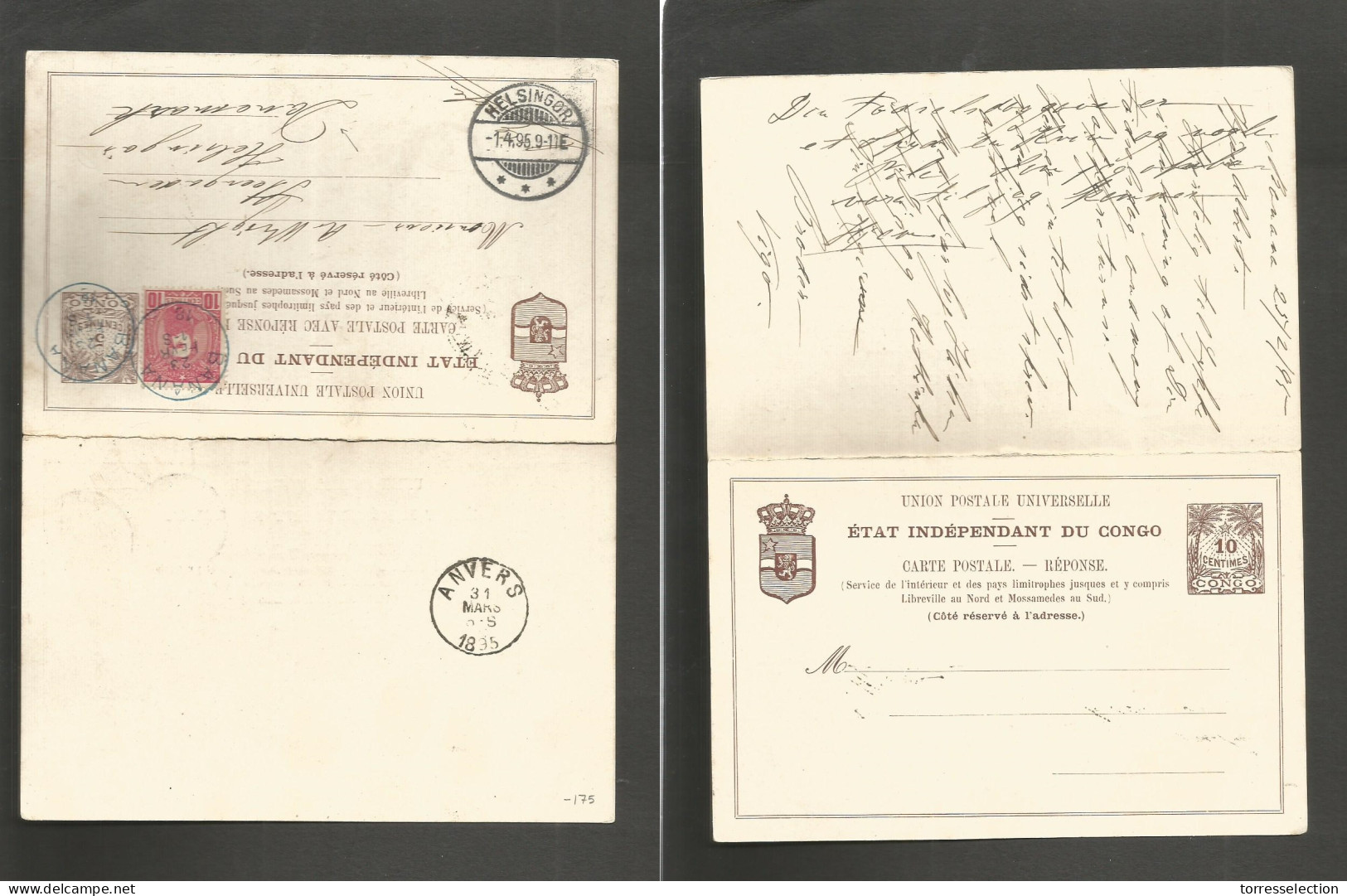BELGIAN CONGO. 1895 (23 Febr) Banana - Denmark, Helsingor (1 Abril 95) Doblel 5c Brown Stat Card Way Out Usage + 10c Red - Autres & Non Classés