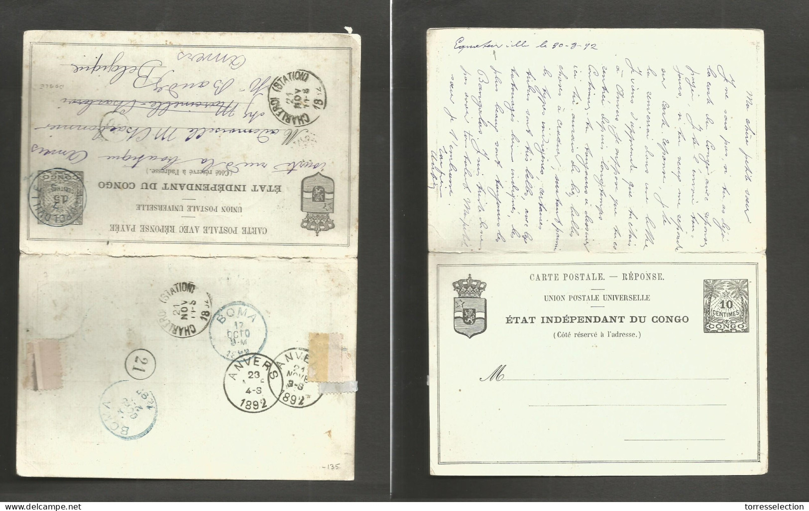 BELGIAN CONGO. 1892 (30 Aug) Equaterville - Belgium, Charleroi (24 Nov) Doble 15c Black EIC Stationary Card Long French  - Andere & Zonder Classificatie