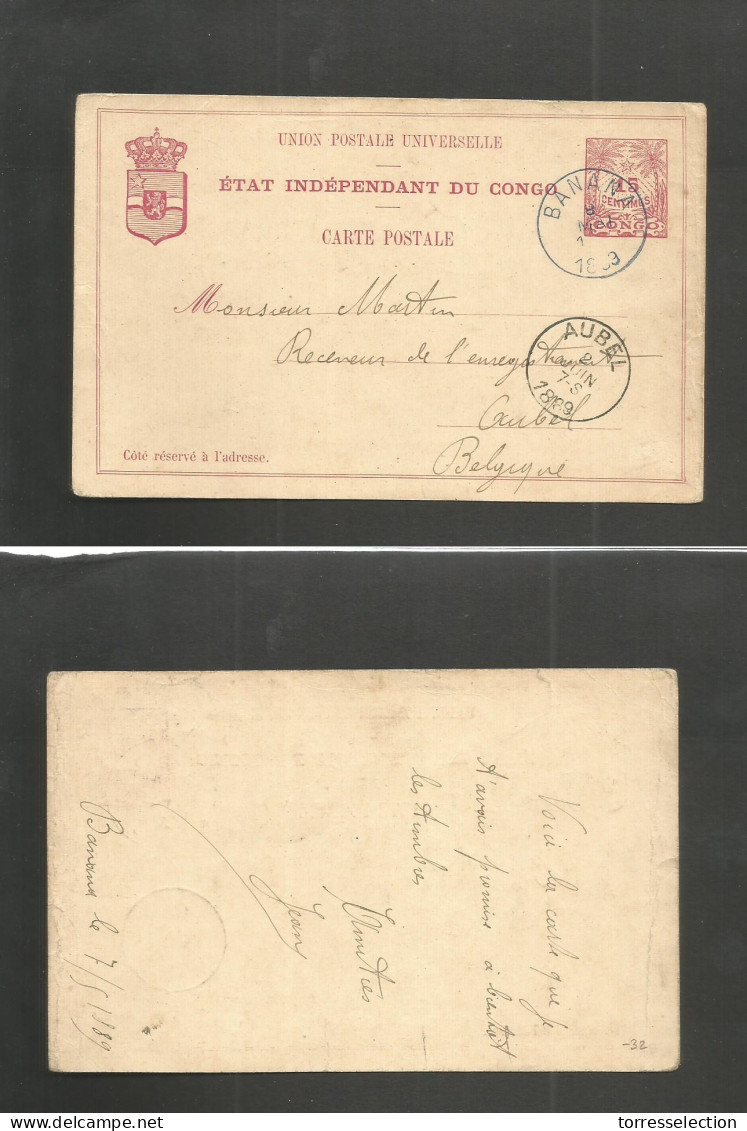 BELGIAN CONGO. 1889 (7 May) EIC. Banana - Belgium, Aubel (2 June) 15c Red Stat Card, Black Cds. Fine Early Usage With Te - Otros & Sin Clasificación