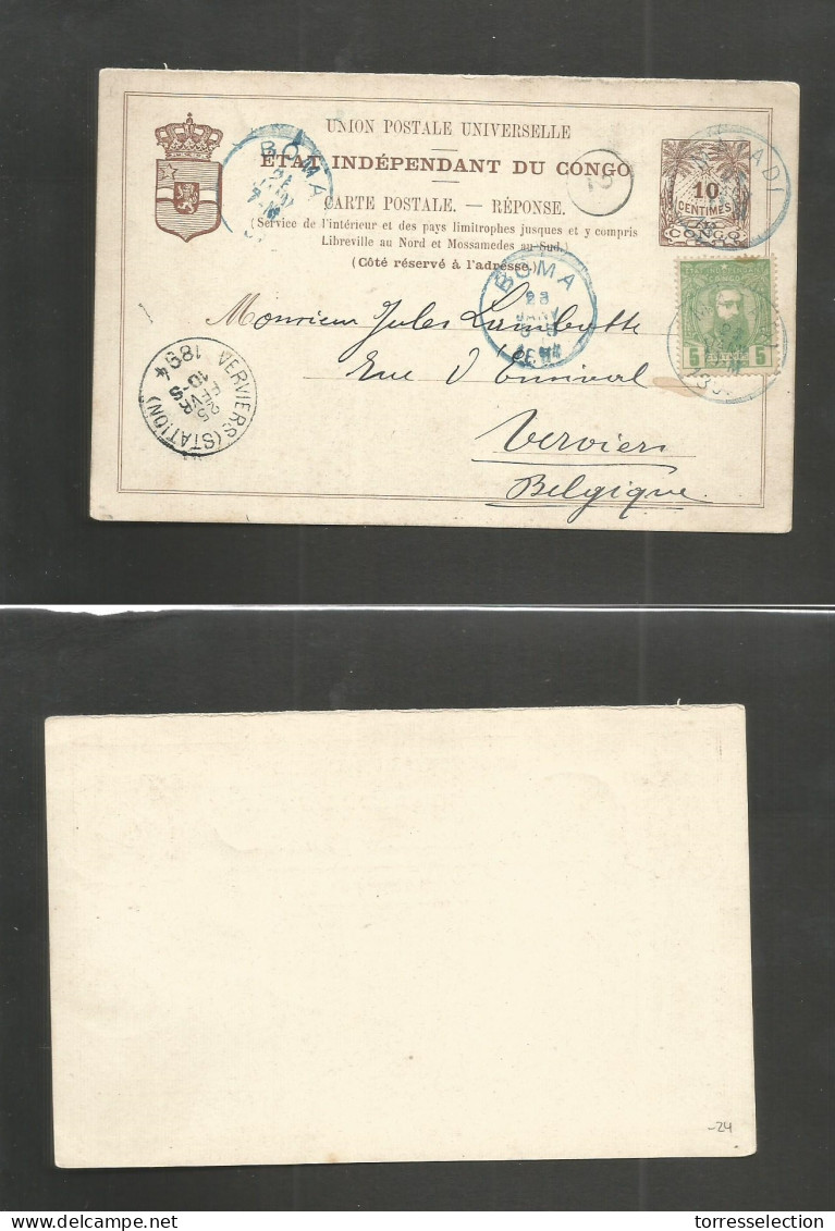 BELGIAN CONGO. 1894 (25 Jan) Matadi - Belgium, Verviers (25 Feb) Via Boma. 10c Brown Half Out Of Doble Stat Card + 5c Gr - Andere & Zonder Classificatie