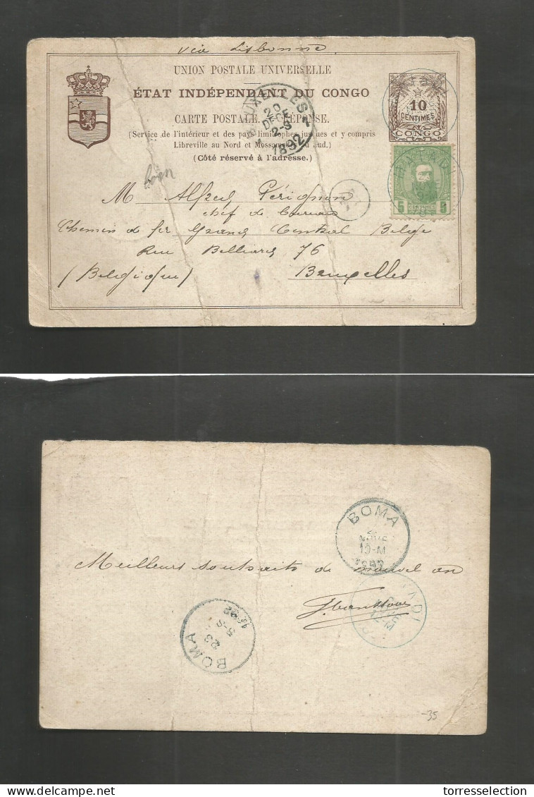BELGIAN CONGO. 1892 (23 Nov) EIC. Matadi - Belgium, Bruxelles (20 Dec) 10c Brown Stat Card + 5c Green KL Adtl. Tied Blue - Autres & Non Classés