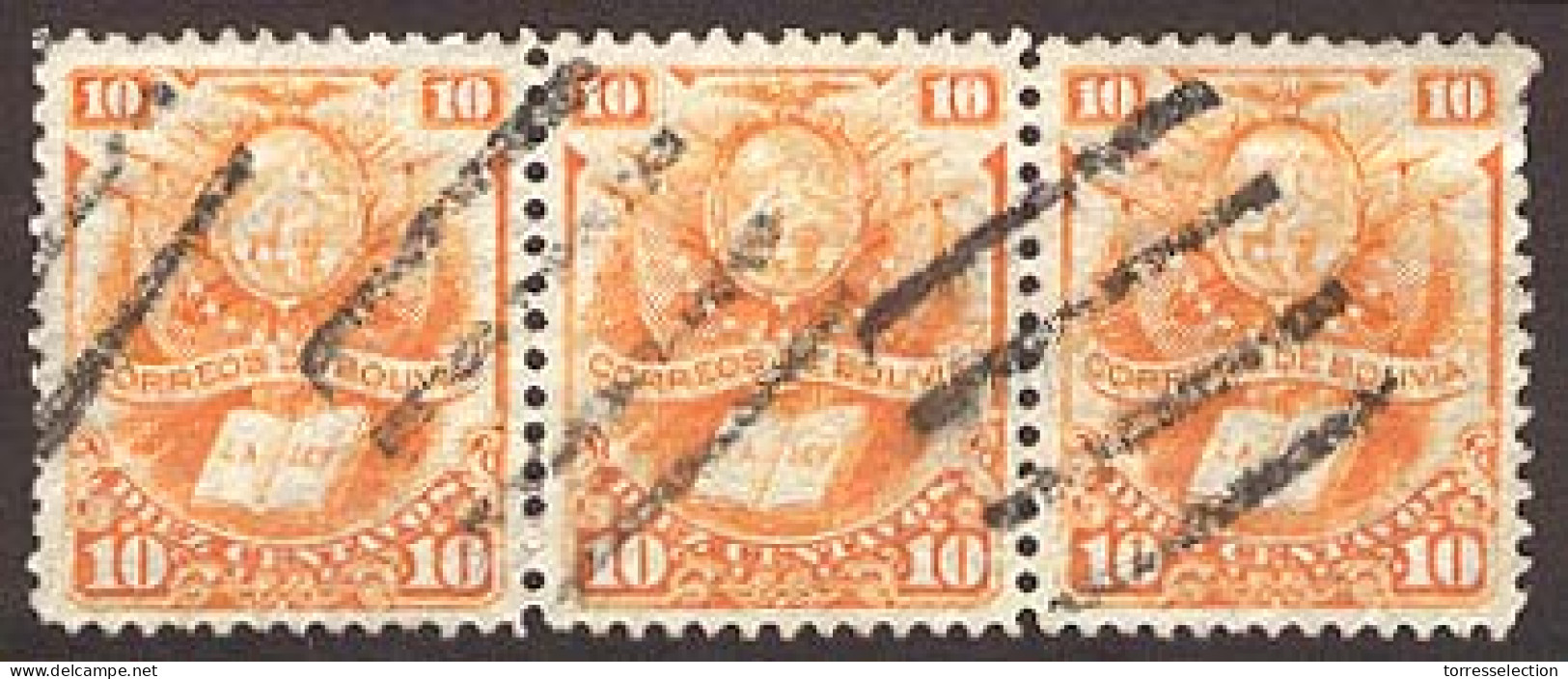 BOLIVIA. 10c Orange. Horizontal Strip Of Three. Scarce Multiple. Sc. 21x 3. Used. VF. - Bolivie