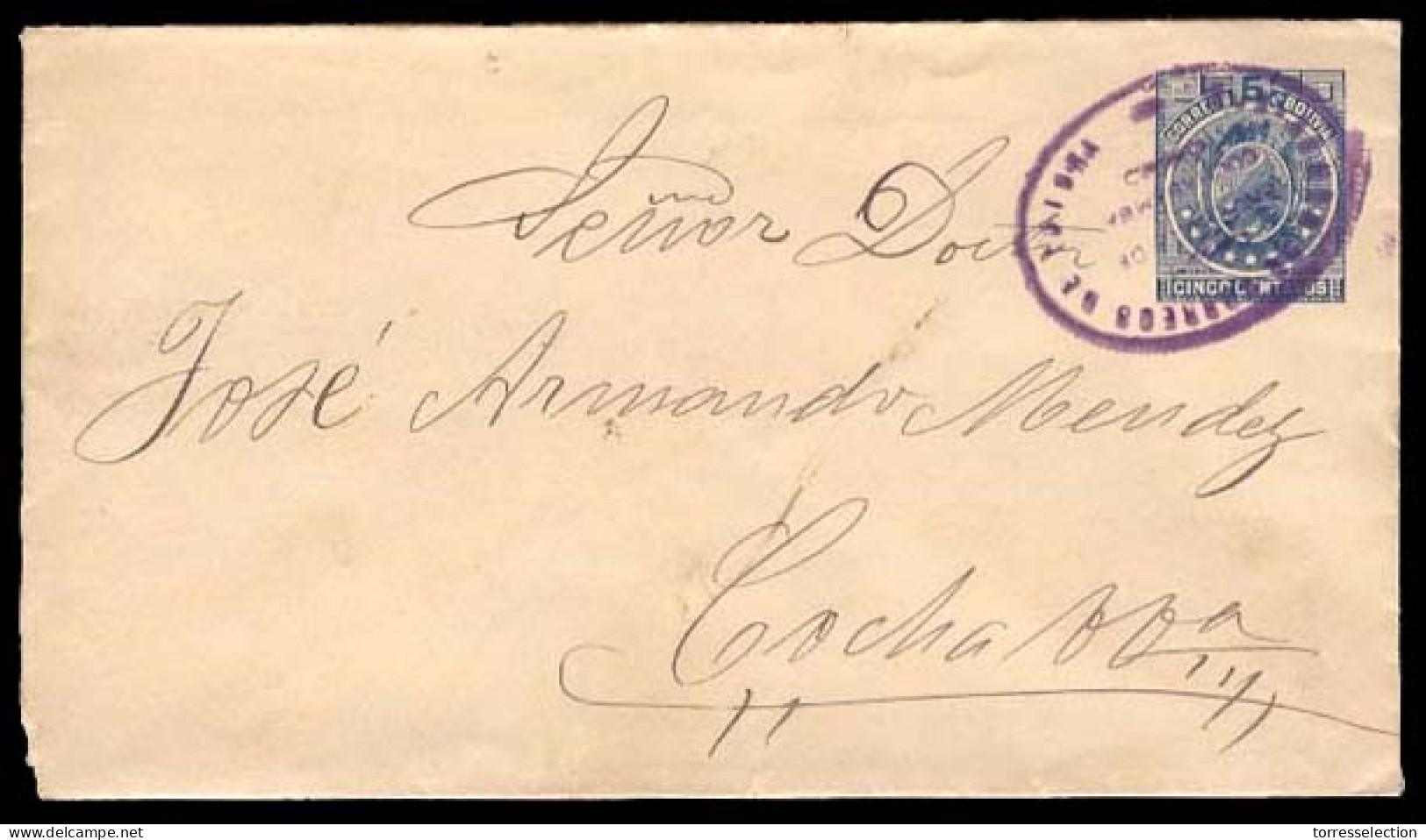 BOLIVIA. Cochabamba Oval Violet Stationery Envelope. VF. - Bolivie