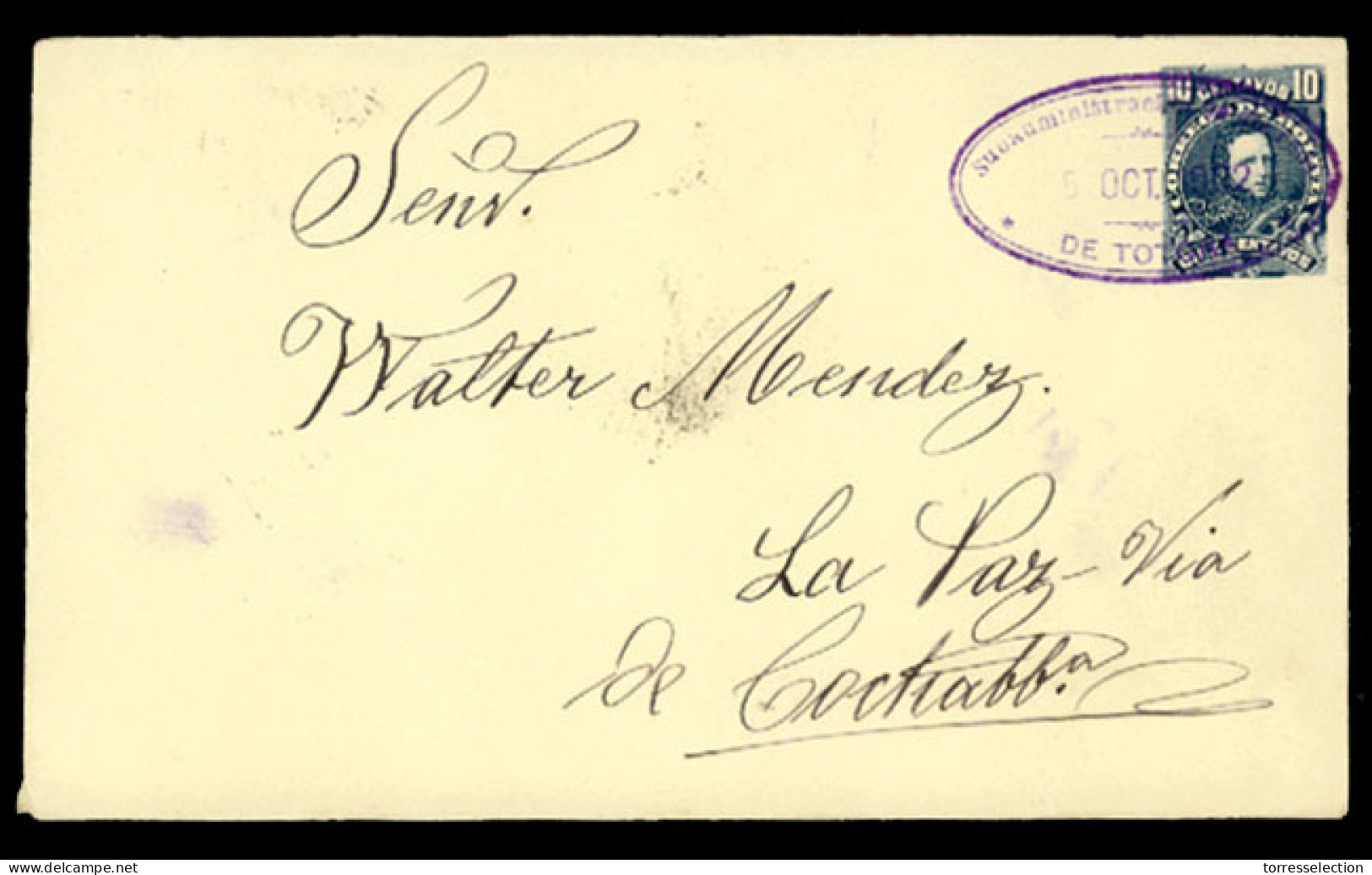 BOLIVIA. 1902. To La Paz Via Cochamba. Totora. Stationery Envelope. Extra Fine. - Bolivie