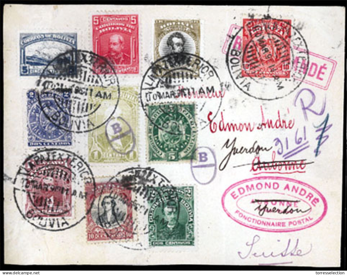 BOLIVIA. 1919. Registered Envelope To France. "Massive" Franking. Amazing!  VF. - Bolivie