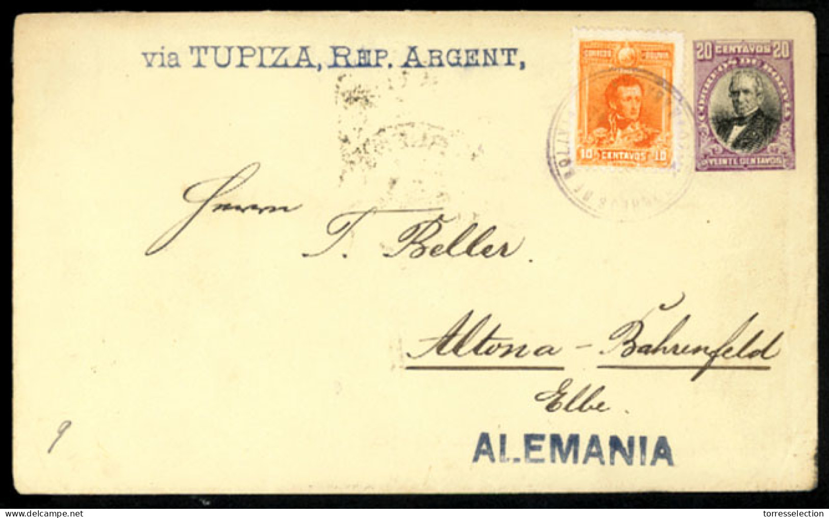 BOLIVIA. 1901. Cochamba. Envelope, Stat + Adtl Via Tupiza, Buenos Aires To Germany. Very Fine. - Bolivie