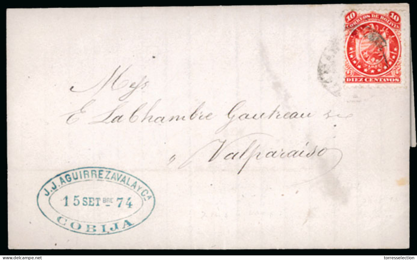 BOLIVIA. 1874. BOLIVIA - CHILE. Cobija To Valparaiso / Chile. EL. Franfed 10c. Vermilion 11 Stars Perf. (Sc.31), Tied Cd - Bolivie