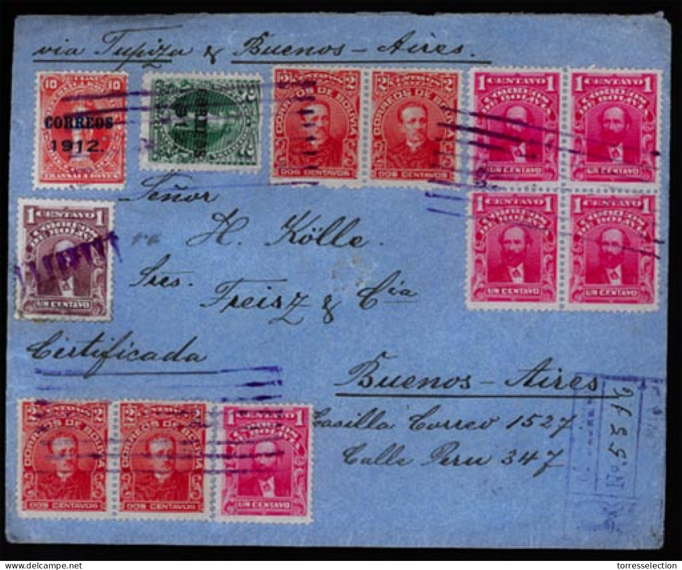 BOLIVIA. 1913. Cochabamba To Buenos Aires. Registered. Ovpts. Block Of Four. Multiple Frankings. Via Tupiza, Great Multi - Bolivie