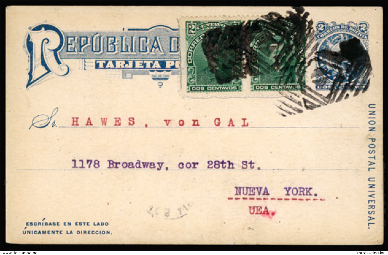 BOLIVIA. 1912. Stationery Card + Additional To New York. Fancy Cancel. - Bolivie