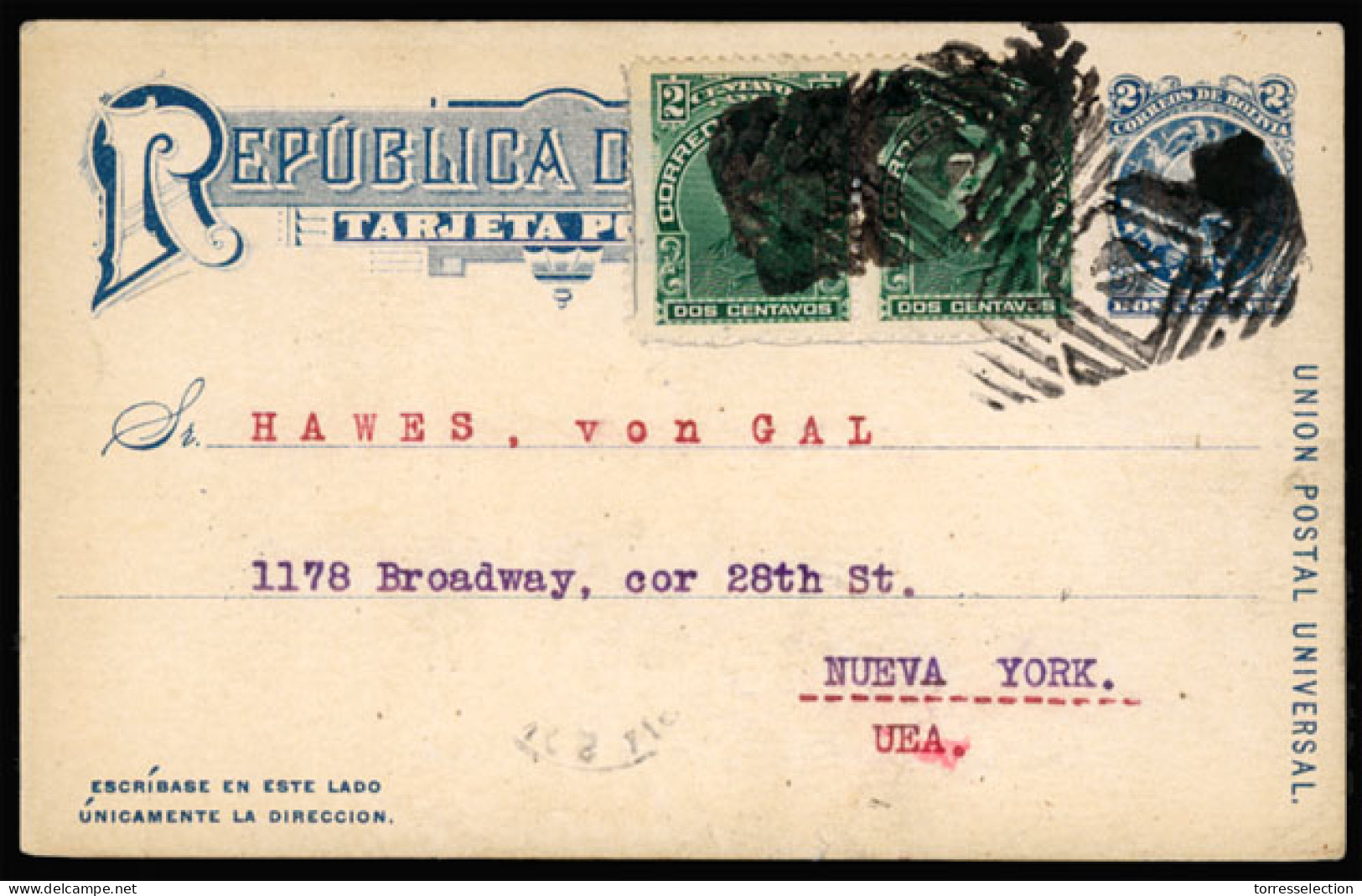BOLIVIA. 1912. Stationery Card + Additional To New York. Fancy Cancel. - Bolivia