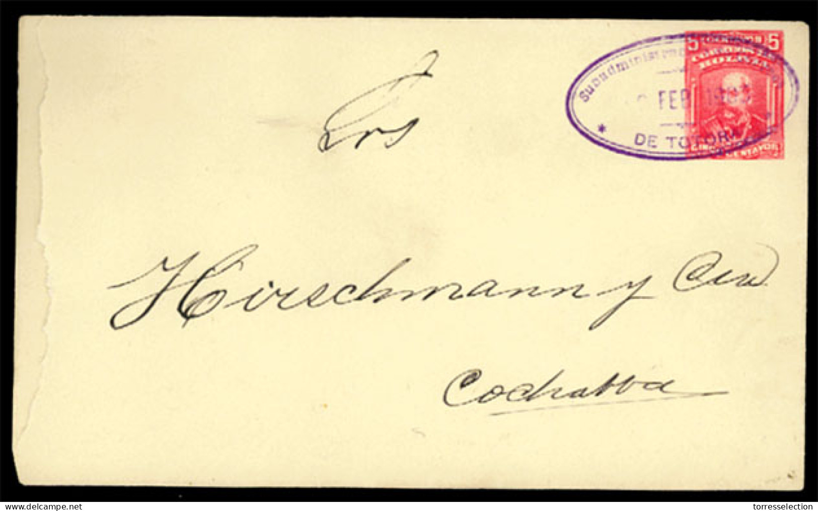 BOLIVIA. 1903. To Cochamba. Totora Great Cancel. Stationery Envelope. - Bolivie